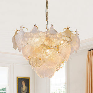 LightFixturesUSA-French Tiered Ginkgo Leaf Textured Glass Round Chandelier-Chandelier-Brass-
