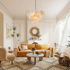 LightFixturesUSA-French Tiered Ginkgo Leaf Textured Glass Round Chandelier-Chandelier-Brass-