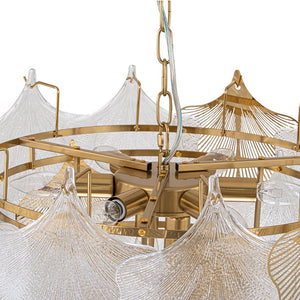 LightFixturesUSA-French Tiered Ginkgo Leaf Textured Glass Round Chandelier-Chandelier-Chrome-