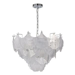 LightFixturesUSA-French Tiered Ginkgo Leaf Textured Glass Round Chandelier-Chandelier-Chrome-