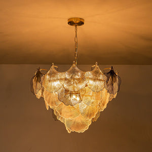 LightFixturesUSA-French Tiered Ginkgo Leaf Textured Glass Round Chandelier-Chandelier-Chrome-