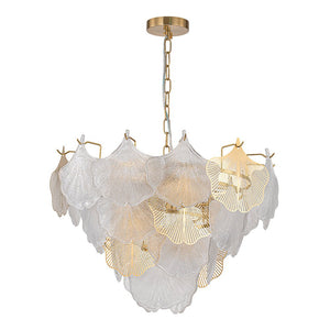 LightFixturesUSA-French Tiered Ginkgo Leaf Textured Glass Round Chandelier-Chandelier-Chrome-