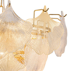 LightFixturesUSA-French Tiered Ginkgo Leaf Textured Glass Round Chandelier-Chandelier-Chrome-