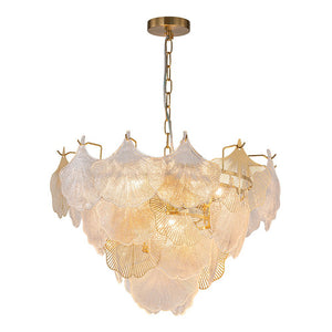 LightFixturesUSA-French Tiered Ginkgo Leaf Textured Glass Round Chandelier-Chandelier-Chrome-