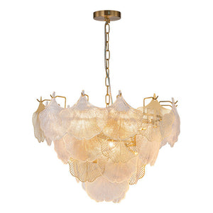 LightFixturesUSA-French Tiered Ginkgo Leaf Textured Glass Round Chandelier-Chandelier-Chrome-