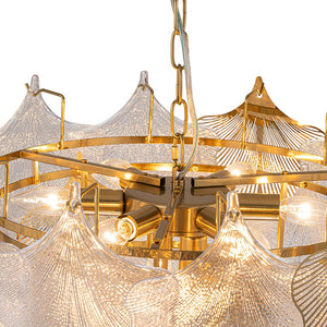 LightFixturesUSA-French Tiered Ginkgo Leaf Textured Glass Round Chandelier-Chandelier-Chrome-