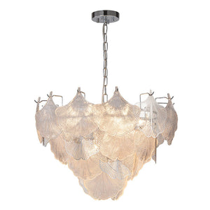 LightFixturesUSA-French Tiered Ginkgo Leaf Textured Glass Round Chandelier-Chandelier-Chrome-