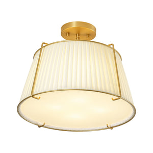 LightFixturesUSA-French Wide Pleated Fabric Drum Cage Brass Semi Flush Mount-Ceiling Light-Brass-