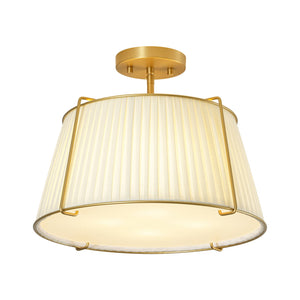 LightFixturesUSA-French Wide Pleated Fabric Drum Cage Brass Semi Flush Mount-Ceiling Light-Brass-