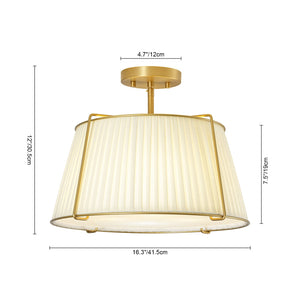 LightFixturesUSA-French Wide Pleated Fabric Drum Cage Brass Semi Flush Mount-Ceiling Light-Brass-