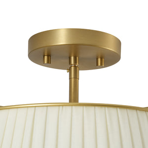 LightFixturesUSA-French Wide Pleated Fabric Drum Cage Brass Semi Flush Mount-Ceiling Light-Brass-