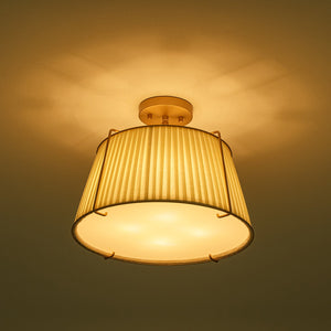 LightFixturesUSA-French Wide Pleated Fabric Drum Cage Brass Semi Flush Mount-Ceiling Light-Brass-