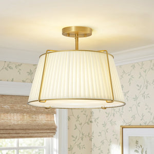 LightFixturesUSA-French Wide Pleated Fabric Drum Cage Brass Semi Flush Mount-Ceiling Light-Brass-