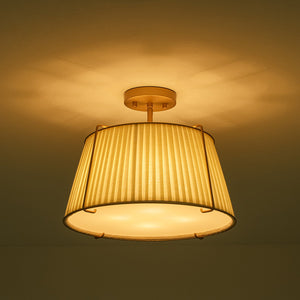 LightFixturesUSA-French Wide Pleated Fabric Drum Cage Brass Semi Flush Mount-Ceiling Light-Brass-