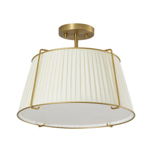 LightFixturesUSA-French Wide Pleated Fabric Drum Cage Brass Semi Flush Mount-Ceiling Light-Brass-