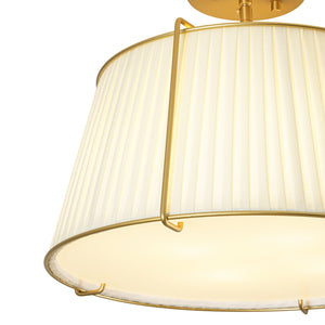 LightFixturesUSA-French Wide Pleated Fabric Drum Cage Brass Semi Flush Mount-Ceiling Light-Brass-