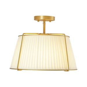 LightFixturesUSA-French Wide Pleated Fabric Drum Cage Brass Semi Flush Mount-Ceiling Light-Brass-