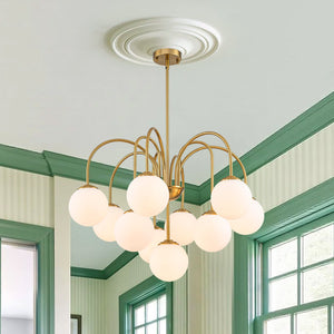 LightFixturesUSA-Funky 10-Light Tiered Round Opal Glass Globe Bubble Chandelier-Chandelier-Brass-