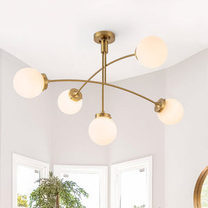 LightFixturesUSA - Funky 5 - Light Seesaw Arched Arm Glass Globe Semi Flush Chandelier - Chandelier - White Glass - 