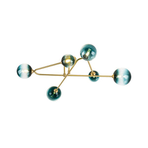 LightFixturesUSA-Funky Blue Glass Bubble Linear Sputnik Semi Flush Mount-Ceiling Light-Brass-
