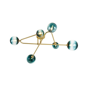 LightFixturesUSA-Funky Blue Glass Bubble Linear Sputnik Semi Flush Mount-Ceiling Light-Brass-