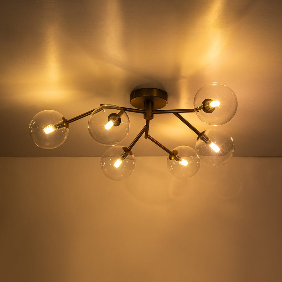 LightFixturesUSA - Funky Branch Style 6 - Light Clear Glass Bubble Semi Flush Mount - Ceiling Light - Brass - 