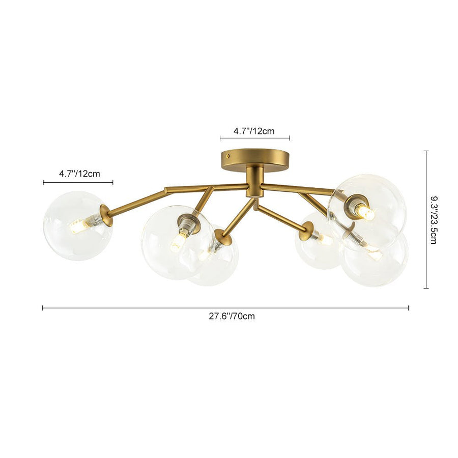 LightFixturesUSA - Funky Branch Style 6 - Light Clear Glass Bubble Semi Flush Mount - Ceiling Light - Brass - 