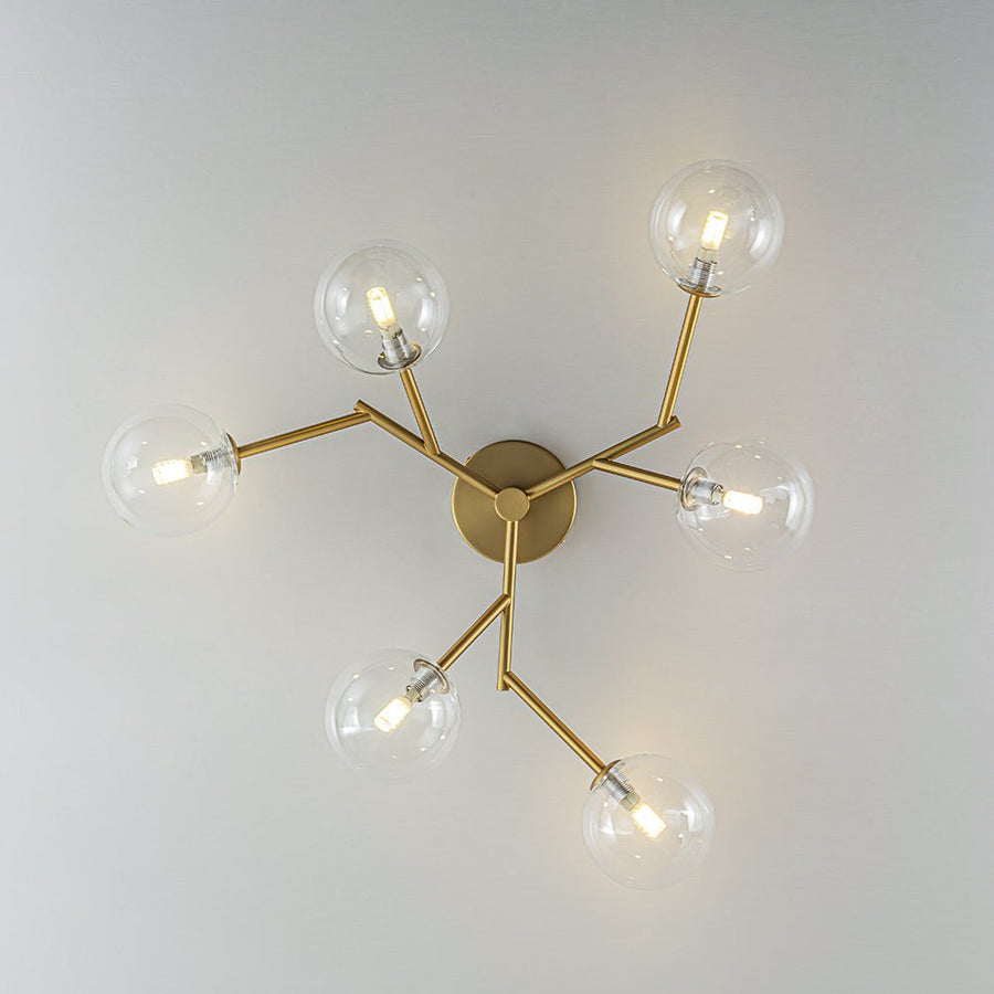 LightFixturesUSA - Funky Branch Style 6 - Light Clear Glass Bubble Semi Flush Mount - Ceiling Light - Brass - 