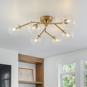 LightFixturesUSA - Funky Branch Style 6 - Light Clear Glass Bubble Semi Flush Mount - Ceiling Light - Brass - 