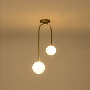 LightFixturesUSA-Funky Goose Arm 2-Light Offset Frosted Glass Globe Ceiling Fixture-Ceiling Light-Brass-