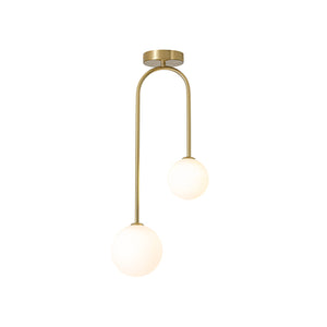 LightFixturesUSA-Funky Goose Arm 2-Light Offset Frosted Glass Globe Ceiling Fixture-Ceiling Light-Brass-