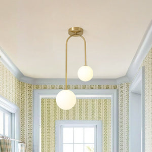 LightFixturesUSA-Funky Goose Arm 2-Light Offset Frosted Glass Globe Ceiling Fixture-Ceiling Light-Brass-