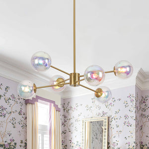 LightFixturesUSA-Funky Laser Tiered Polished Iridescent Glass Globe Sputnik Chandelier-Chandelier-Brass-
