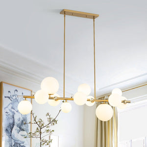 LightFixturesUSA - Glam 12 - Light Shine Opal Glass Globe Linear Island Chandelier - Chandelier - Brass - 