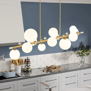 LightFixturesUSA - Glam 12 - Light Shine Opal Glass Globe Linear Island Chandelier - Chandelier - Brass - 