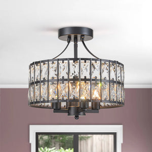 LightFixturesUSA-Glam 4-Light Drum Crystal Ceiling Light-Ceiling Light-Black-