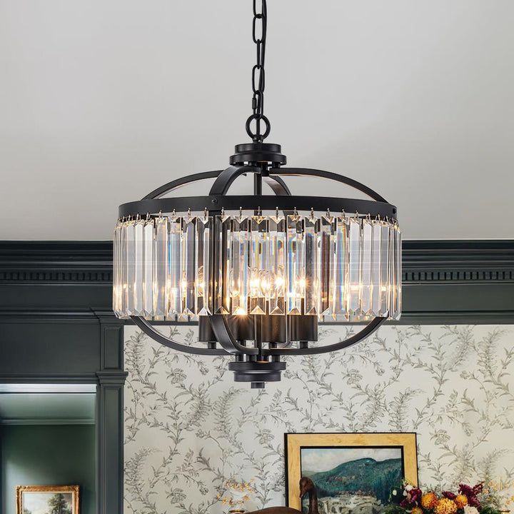 LightFixturesUSA - Glam 4 - Light Faceted Crystal Round Cage Pendant - Chandelier - Black - 