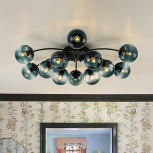 LightFixturesUSA-Glam Bloom 12-Light Blue Glass Bubble Semi Flush Chandelier-Chandelier-Black - Semi Flush-