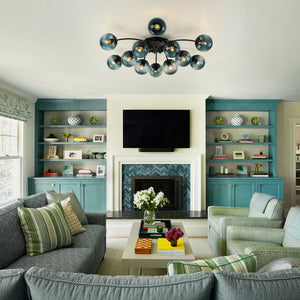 LightFixturesUSA-Glam Bloom 12-Light Blue Glass Bubble Semi Flush Chandelier-Chandelier-Black - Semi Flush-