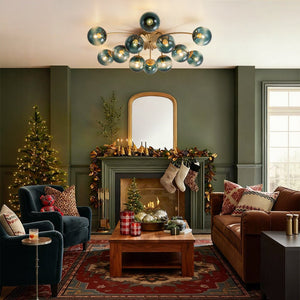 LightFixturesUSA - Glam Bloom 12 - Light Blue Glass Bubble Semi Flush Chandelier - Chandelier - Brass - 