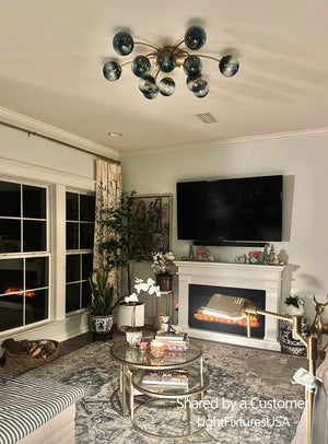 LightFixturesUSA - Glam Bloom 12 - Light Blue Glass Bubble Semi Flush Chandelier - Chandelier - Brass - 