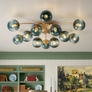 LightFixturesUSA - Glam Bloom 12 - Light Blue Glass Bubble Semi Flush Chandelier - Chandelier - Brass (Exclusive Offer) - 