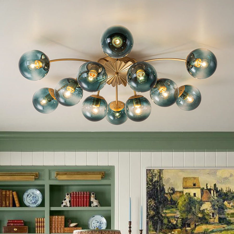 LightFixturesUSA - Glam Bloom 12 - Light Blue Glass Bubble Semi Flush Chandelier - Chandelier - Brass (Exclusive Offer) - 