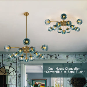 LightFixturesUSA-Glam Bloom 12-Light Blue Glass Bubble Semi Flush Chandelier-Chandelier-Brass - Semi Flush-