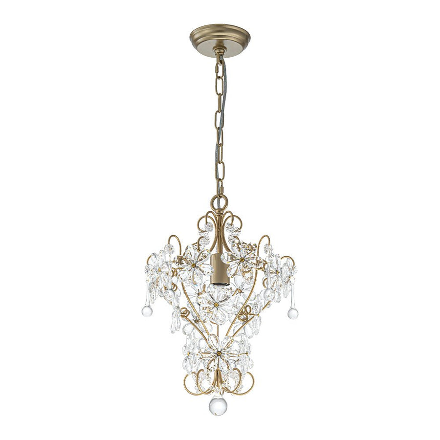 LightFixturesUSA - Glam Bloom Floral Crystal Accented Cage Pendant Light - Chandelier - Brass - 