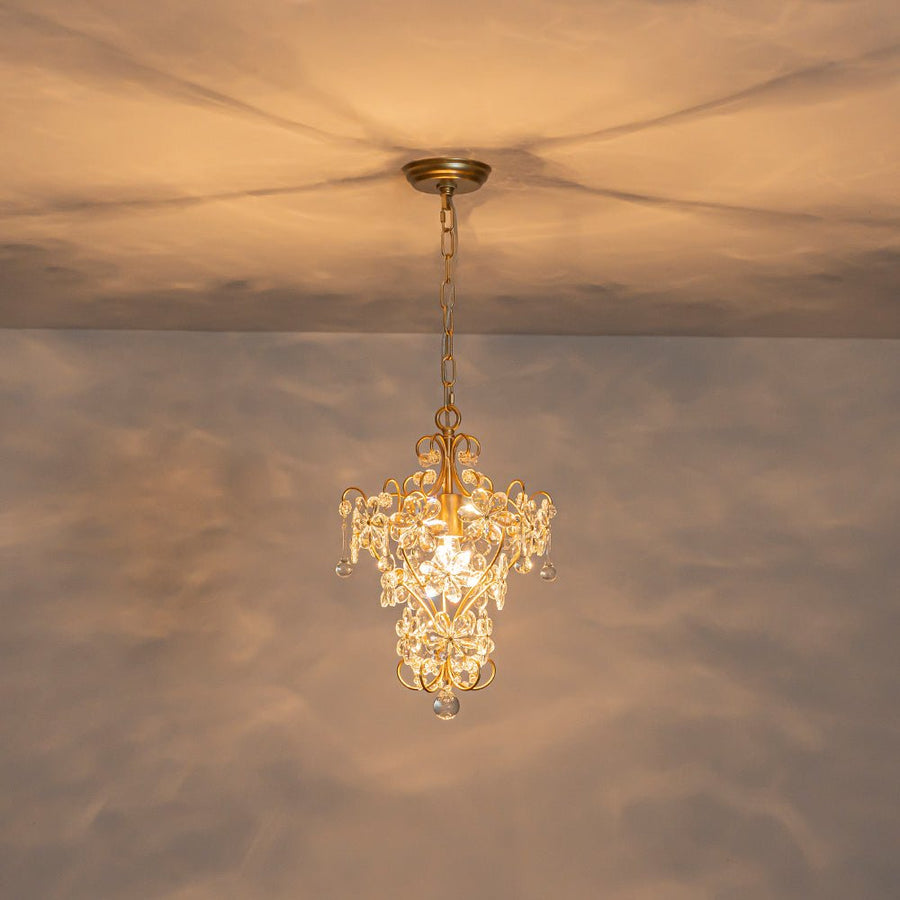 LightFixturesUSA - Glam Bloom Floral Crystal Accented Cage Pendant Light - Chandelier - Brass - 