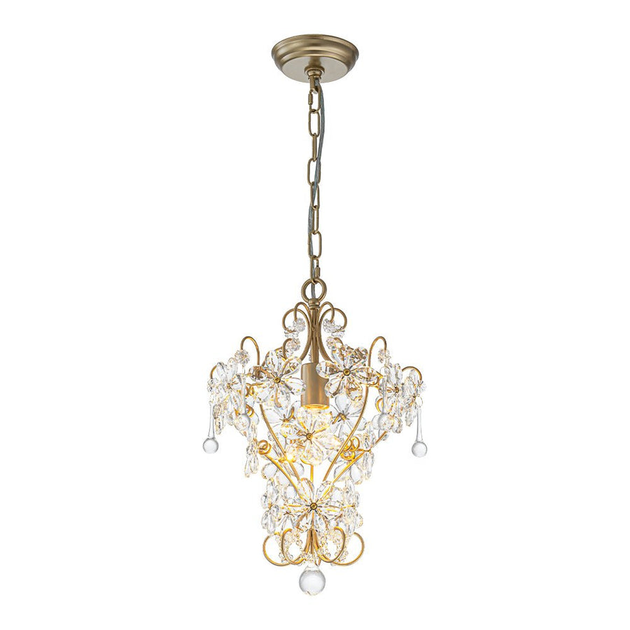 LightFixturesUSA - Glam Bloom Floral Crystal Accented Cage Pendant Light - Chandelier - Brass - 