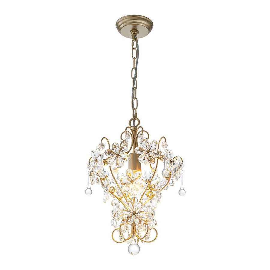 LightFixturesUSA - Glam Bloom Floral Crystal Accented Cage Pendant Light - Chandelier - Brass - 