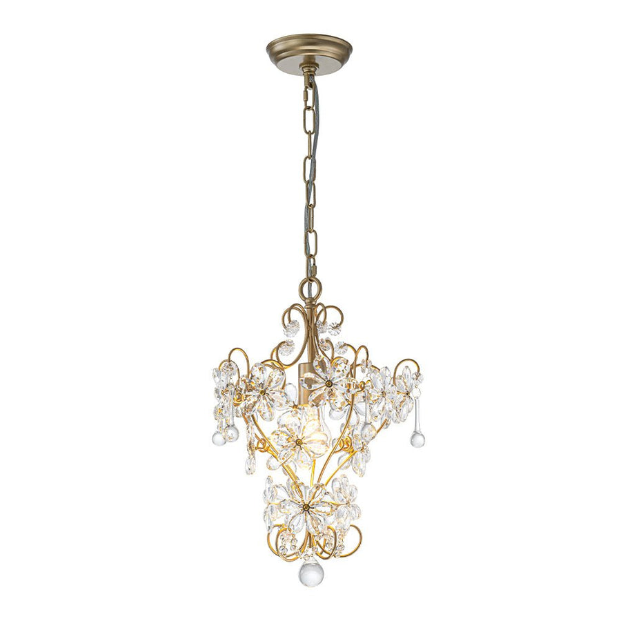 LightFixturesUSA - Glam Bloom Floral Crystal Accented Cage Pendant Light - Chandelier - Brass - 