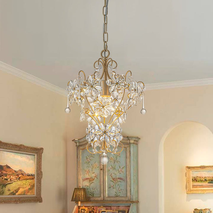 LightFixturesUSA - Glam Bloom Floral Crystal Accented Cage Pendant Light - Chandelier - Brass - 